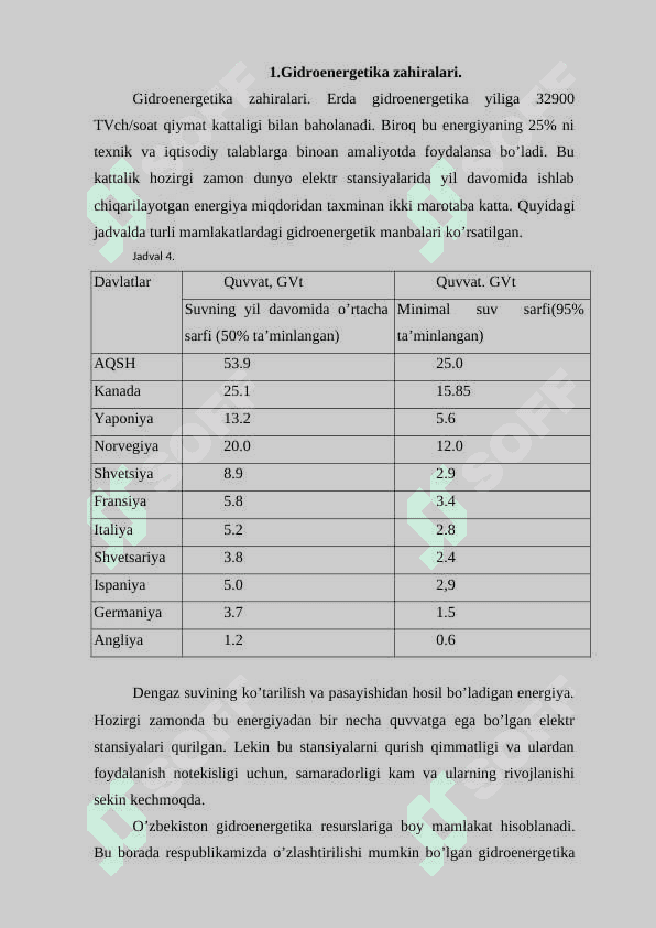 Gidroenergetika zaxiralari. Dengiz suvining ko’tarilish va pasayishidan hosil bo’ladigan energiya zaxiralari hamda boshqa energiya zaxiralari 2