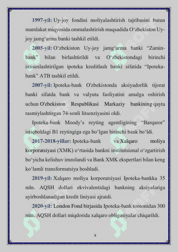 IPOTEKA Bankda o'tilgan amaliyot bo'yicha hisobot 8