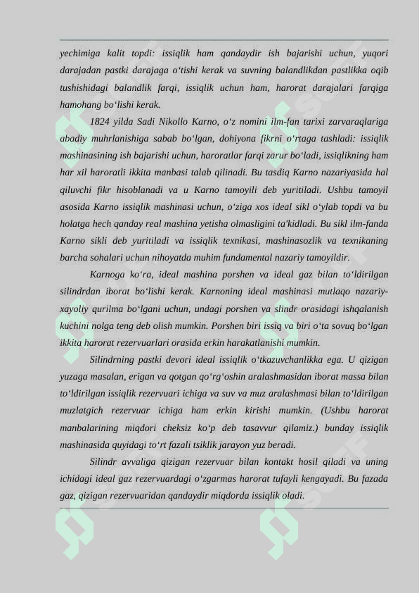 Termodinamikaning ikkinchi qonuni. Karno sikli. Issiqlik mashinasining maksimal foydali koeffitsiyenti 4