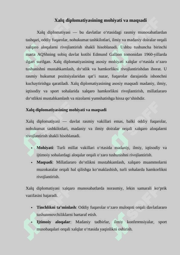 Xalqaro munosabatlarda xalq diplomatiyasining oʻrni eferat 3