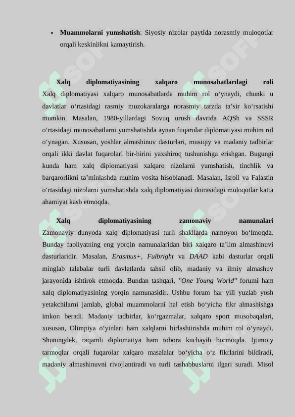 Xalqaro munosabatlarda xalq diplomatiyasining oʻrni eferat 4
