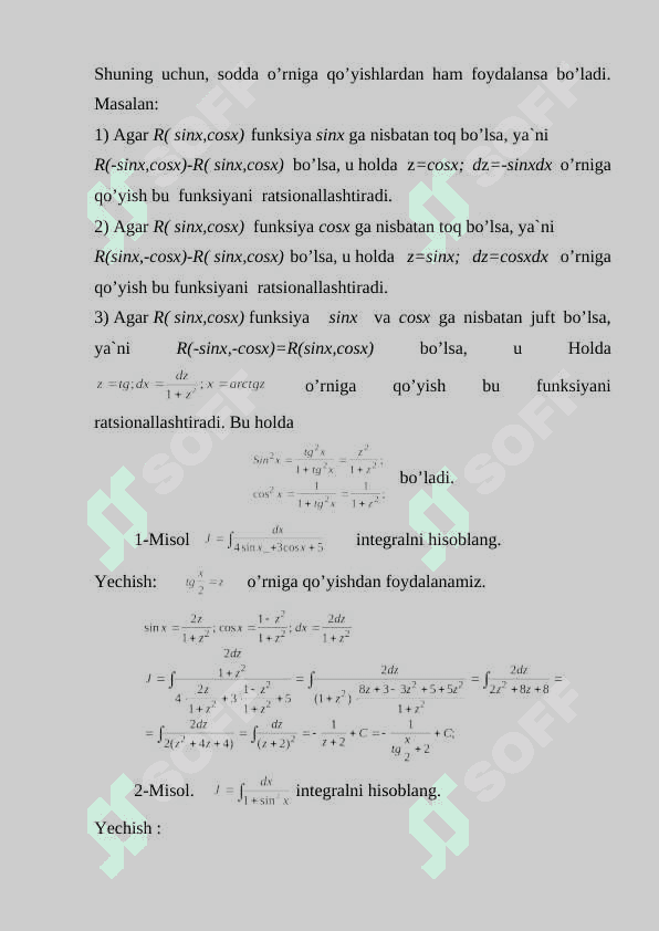 Trigonometrik funksiyalar qatnashgan ifodalarni integrallash 3