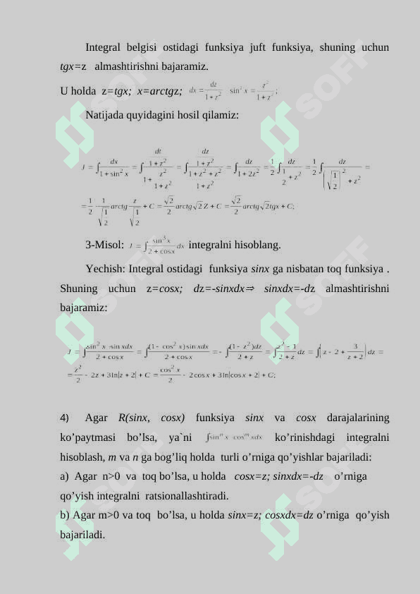 Trigonometrik funksiyalar qatnashgan ifodalarni integrallash 4