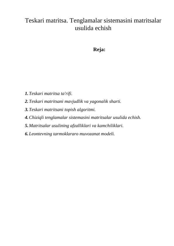 Tеskari matritsa. Tеnglamalar sistеmasini matritsalar usulida еchish 1