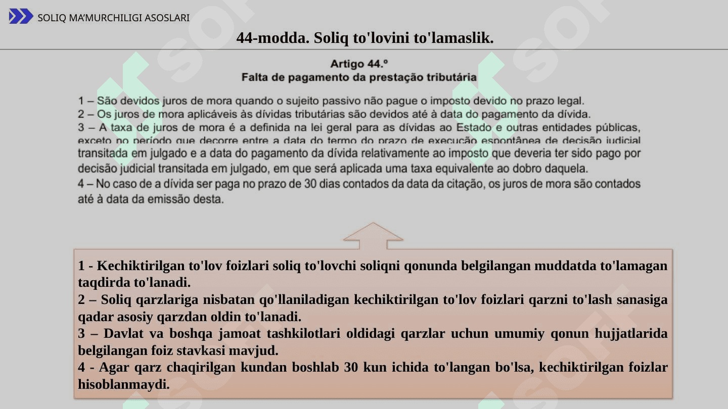 PPTX 22 SLAYD PORTUGALIYADA SOLIQ QARZINI UNDIRISH TARTIBI Portugaliyada soliq qarzini undirishga asos bo‘lgan huquqiy hujjatlar. Portugaliyada soliq qarzdorligini undirish choralari va soliq qarzini undirish tartibi. Portugaliyada soliqlarni o‘z vaqtida to‘lamaganlik uchun javobgarlik choralari. Portugaliyada bankrotlik va uni hisobdan chiqarish tartibi. 7