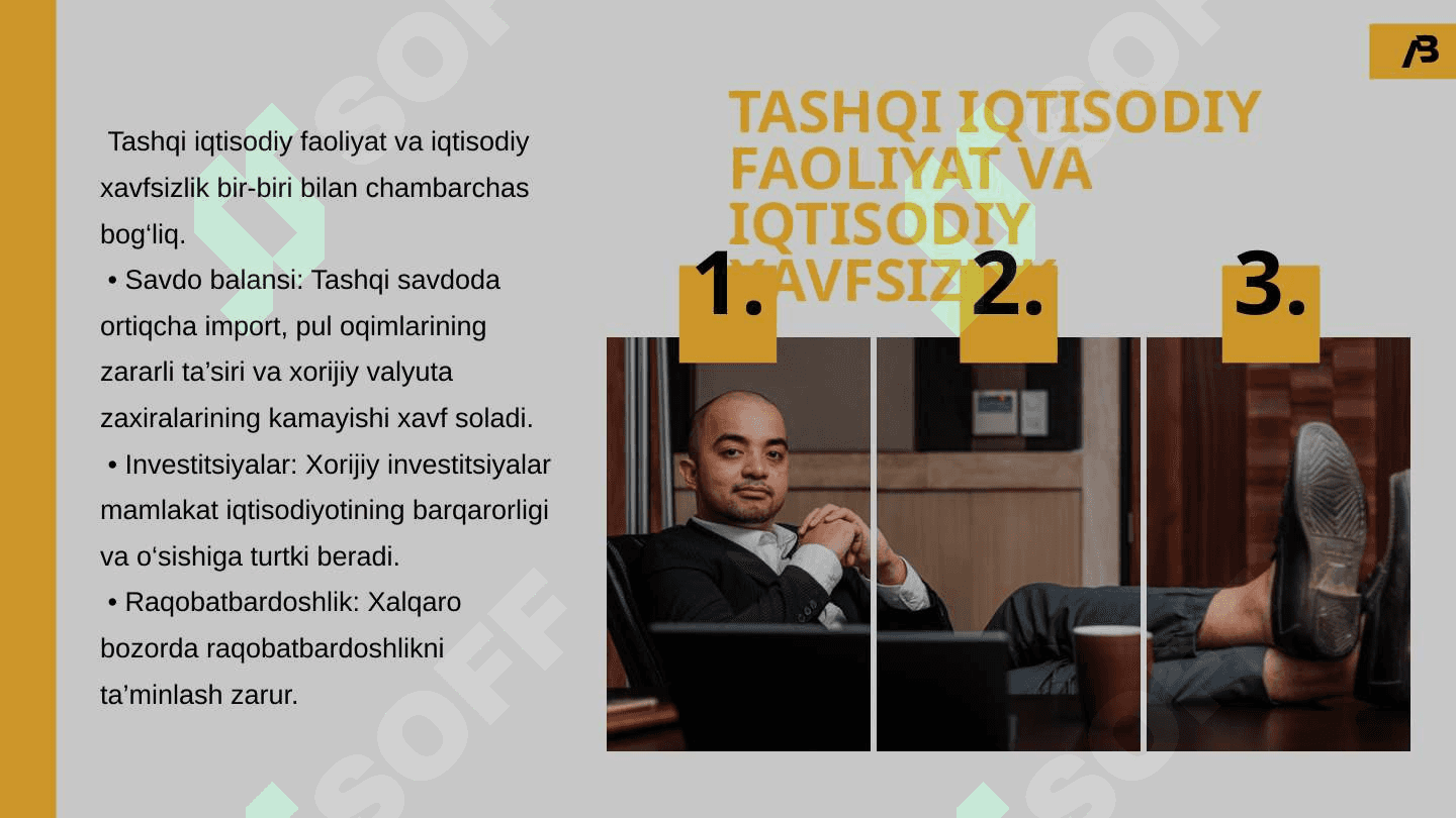 Tashqi iqtisodiy faoliyat sohasida iqtisodiy xavfsizlikni ta’minlash masalalari.  IQTISODIY XAVFSIZLIKNING UMUMIY TUSHUNCHASI TASHQI IQTISODIY FAOLIYAT VA IQTISODIY XAVFSIZLIK   TASHQI IQTISODIY FAOLIYATNING ASOSIY TAHDIDLARI  ENERGETIKA XAVFSIZLIGI MOLIYAVIY XAVFSIZLIK 5