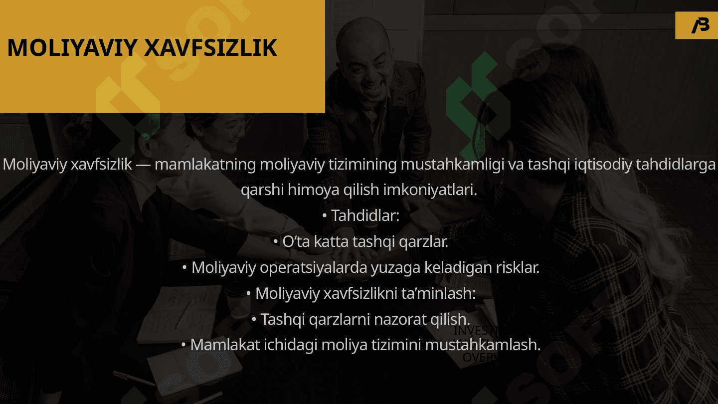 Tashqi iqtisodiy faoliyat sohasida iqtisodiy xavfsizlikni ta’minlash masalalari.  IQTISODIY XAVFSIZLIKNING UMUMIY TUSHUNCHASI TASHQI IQTISODIY FAOLIYAT VA IQTISODIY XAVFSIZLIK   TASHQI IQTISODIY FAOLIYATNING ASOSIY TAHDIDLARI  ENERGETIKA XAVFSIZLIGI MOLIYAVIY XAVFSIZLIK 8
