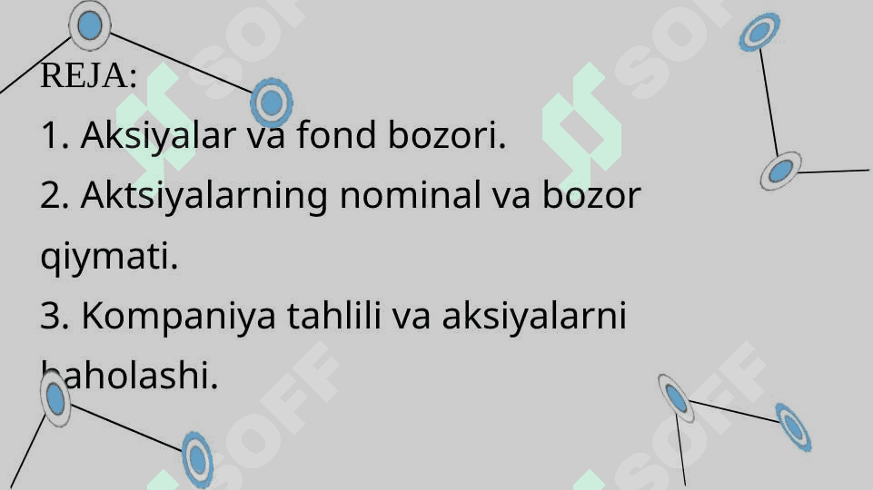 Aksiyaning baholanishi va xususiyatlari PPTX        Aksiyalar va fond bozori.2. Aktsiyalarning nominal va bozor qiymati.3. Kompaniya tahlili va aksiyalarni baholashi. 2