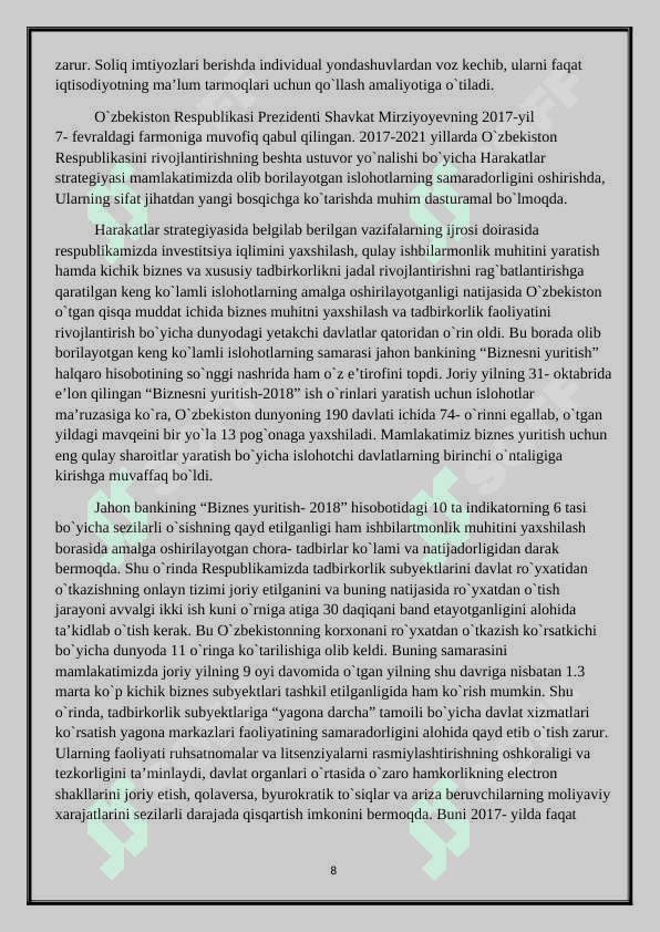 Kichik va o`rta biznesni rivojlantirish – iqtisodiy erkinlikni ta’minlash omili sifatida. 8