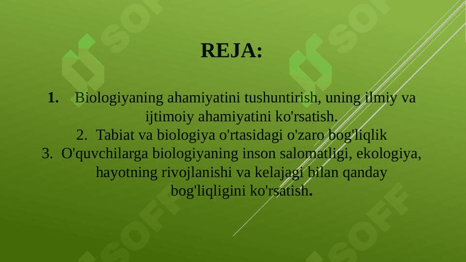 Biologiyani o'qitishda o'quvchilarning dunyoqarashini tarbiyalash (TAQDIMOT) 2