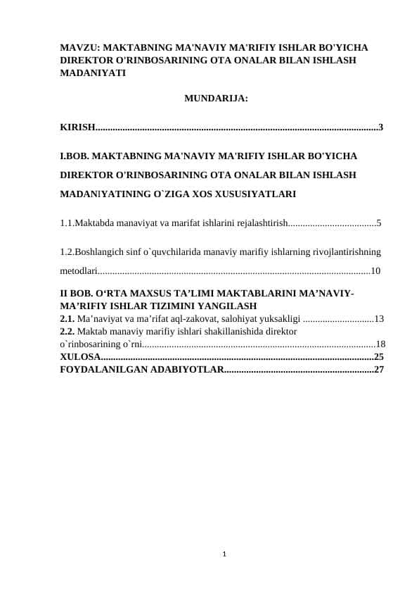 Maktabning maʼnaviy-maʼrifiy ishlar boʻyicha direktor oʻrinbosarining ota-onalar bilan ishlash madaniyati