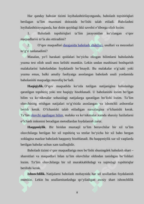 O‘QUVCHILARNING BILIM, KO‘NIKMA VA MALAKALARINI BAHOLASHNING DIDAKTIK TIZIMI 8