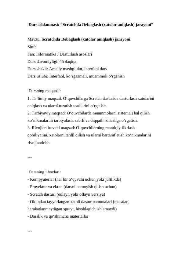 Scratchda Debaglash (xatolar aniqlash) jarayoni ( Dars ishlanmasi ) 1