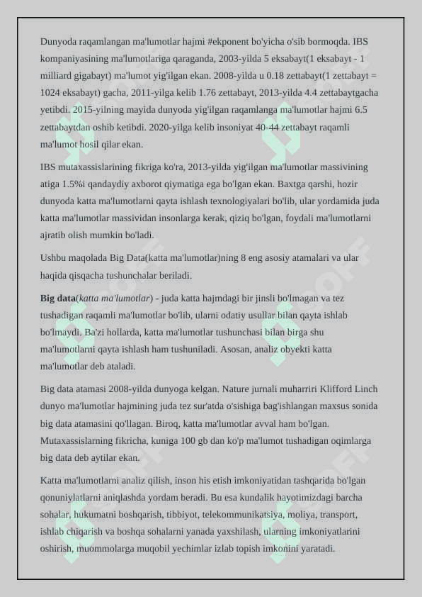 Big Datani belgili termin asosida xarakterlanishi 2