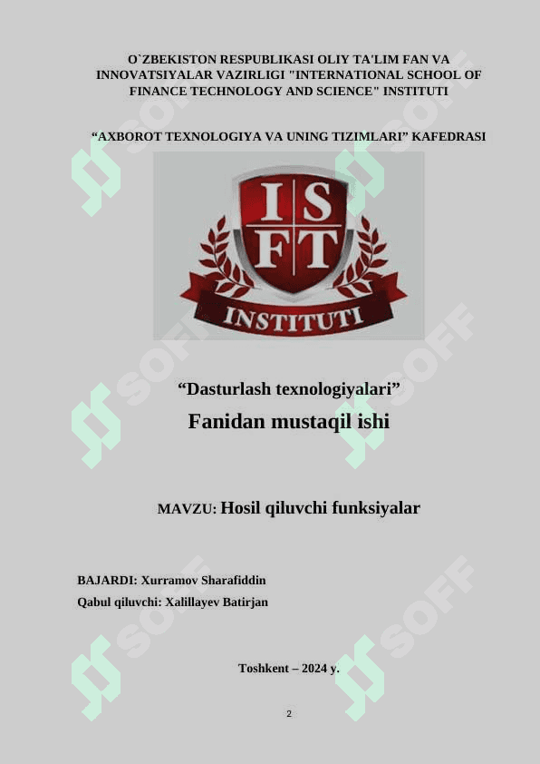 Dasturlash texnologiyalari hosil qiluvchi funksiyalar 2