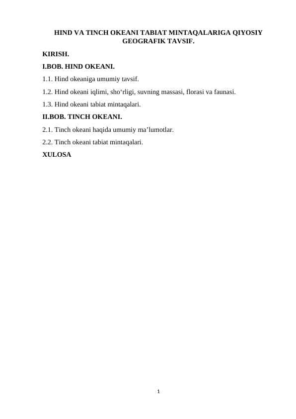 Hind va tinch okeani tabiat mintaqalariga qiyosiy geografik tavsif