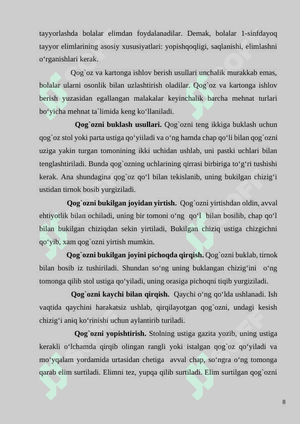 Boshlang`ich sinf mehnat darslarida qog`ozdan amaliy ishlar. DIPLOM ISHI 8