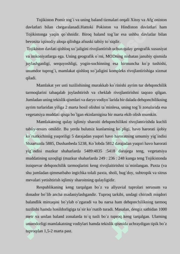 Tojikiston respublikasining geografik o’rni, tabiiy sharoiti va tabiiy resurslari 8