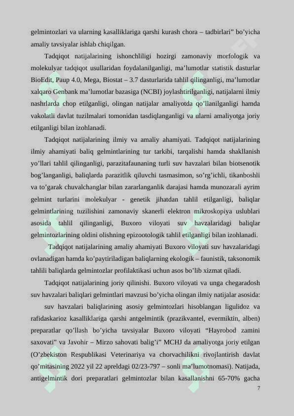Buxoro viloyati suv havzalari baliqlari gelmintlarining ekologik- faunistik 7