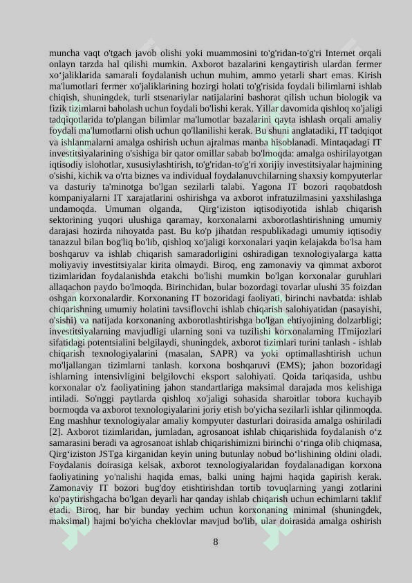 QISHLOQ XO`JALIKLARI BOSHQARUVIDA AXBOROT VA KOMMUNIKATSIYADAN FOYDALANISH 8