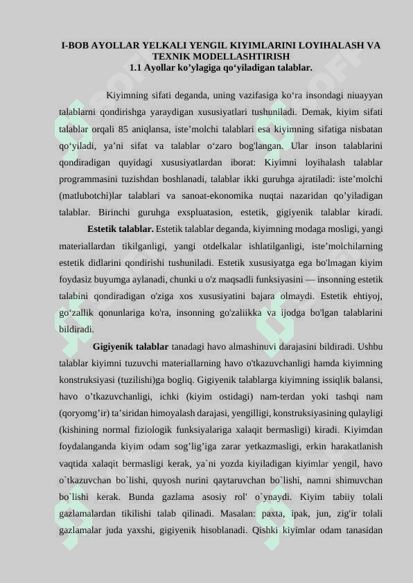 AYOLLAR YENGIL KO’YLAGI ANDOZASINI TAYYORLASH, GAZLAMAGA JOYLASHTIRISH VA BICHISH 5