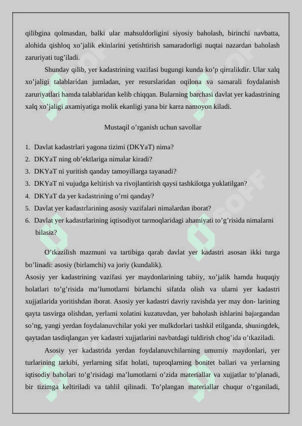 Davlat kadastrlarining yagona tizimida yer kadastrining o’rni  vazifasi va ahamiyati 8