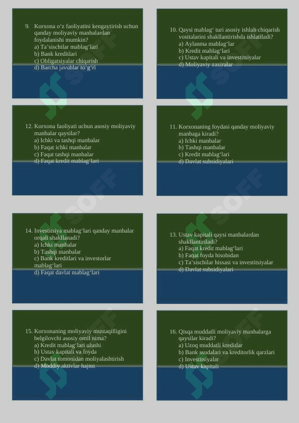 Xoʻjalik mablagʻlarining tashkil topish manbalari toʻgʻrisidagi tushuncha va ularning tavsifi test 2