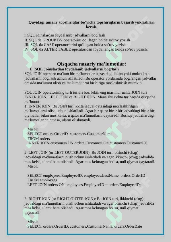 Ma’lumotlar bazasi xavfsizligi (Joins, GROUP BY ,CASE ,ALTER TABLE ) 2