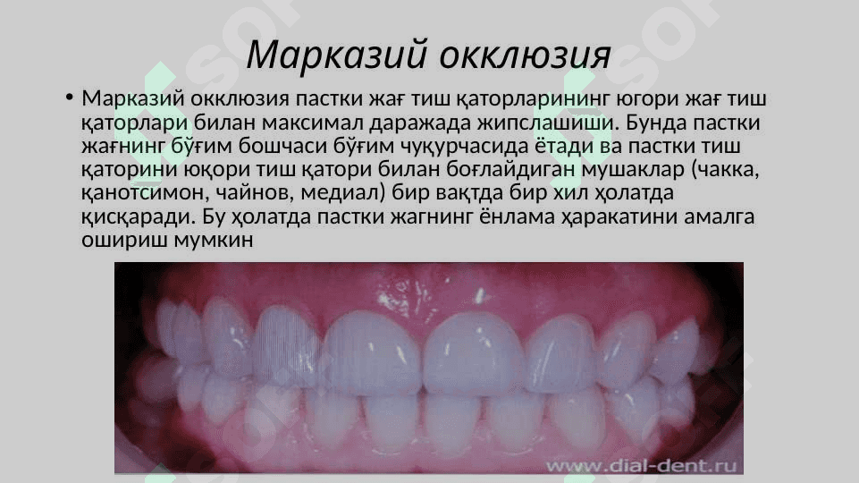 Артикуляция,окклюзия.Окклюзия турлари: марказий,олдинги,латерал.Юқори ва пастки жағ тишларининг ўзаро таъсири.Тишларни сиқиш белгилари.Тишлаш турлари 5