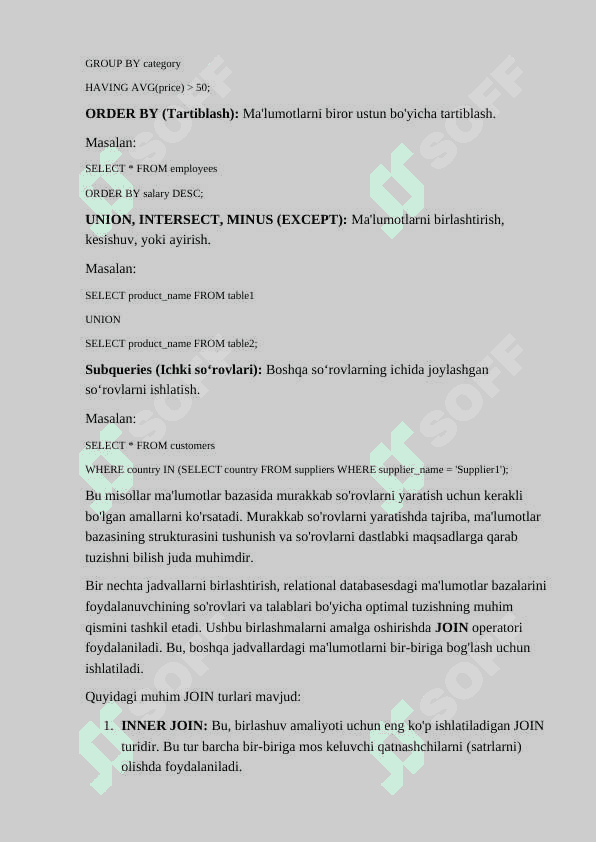 Murakkab so‘rovlar yaratish. Bir nechta jadvallar birlashtirish, «JOIN» lar bilan ishlash. 2