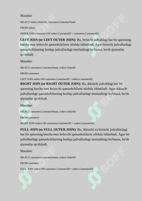Murakkab so‘rovlar yaratish. Bir nechta jadvallar birlashtirish, «JOIN» lar bilan ishlash. 3