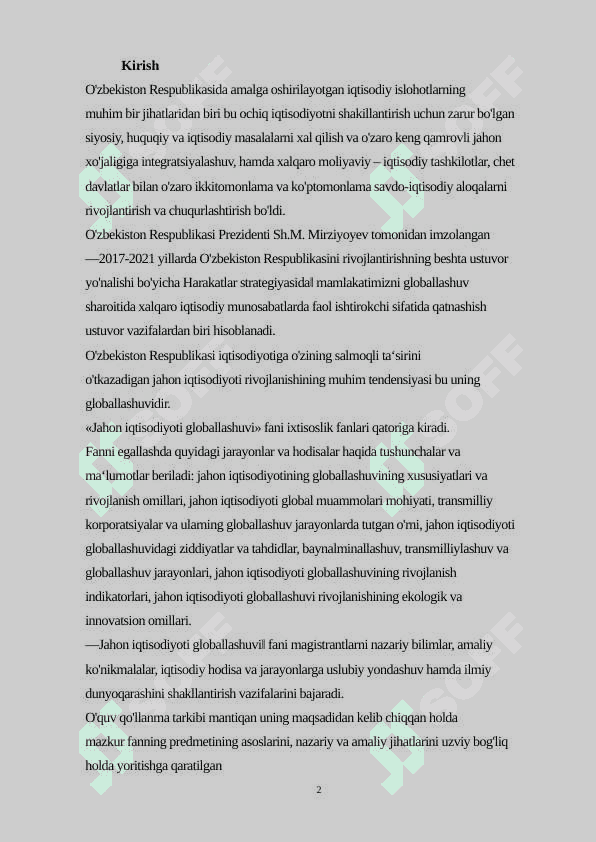 Jahon xo’jaligini va uning rivojlanishi mazmuni 2