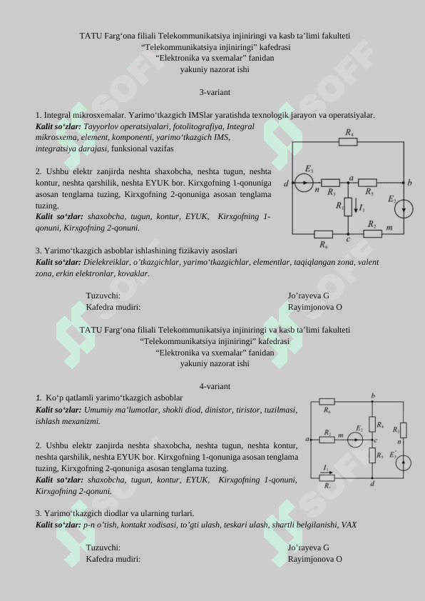 “Elektronika va sxemalar” fanidan yakuniy nazorat ishi 2