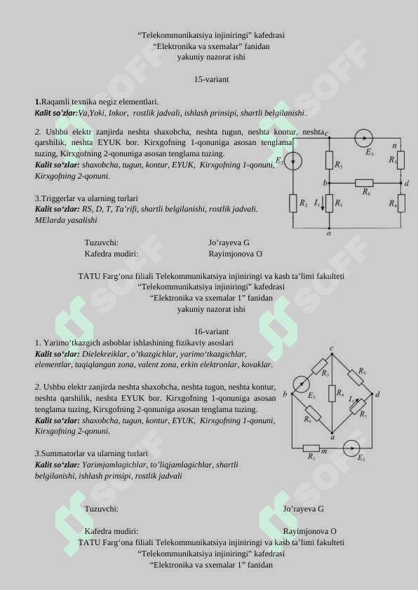 “Elektronika va sxemalar” fanidan yakuniy nazorat ishi 8