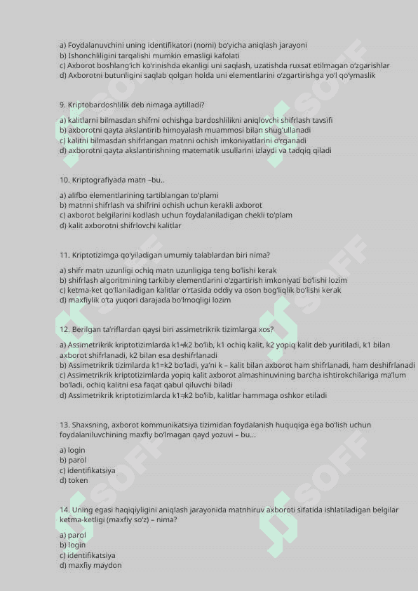Kiberxavfsizlik fanidan imtihon savolari va javoblari 2