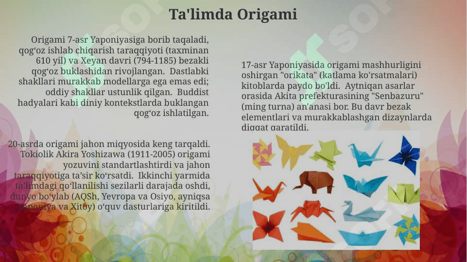 Origami san’atining rivojlanish tarixi.Origami usulida o‘yinchoq yasash.  Applikatsiya  haqida umumiy tushuncha .Applikatsiyada   qirqishni har xil usullarini bajarish.Pape- mashe usuli.Pape-mashe usulida o‘yinchoqlar  yasashKashtachilik tarixi .Kashta  turlari . Kashta  tayyorlash texnologiyasi.Kashta tikishda chok turlari .Bezakli va mazmunli kashtalar. Buyumlarni kashtalar bilan bezatish texnologiyasi. 6