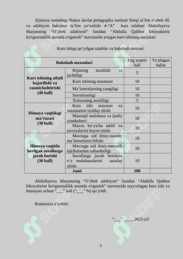 ABDULLA QAHHOR HIKOYALARINI KO'RGAZMALILIK ASOSIDA O'RGANISH KURS ISHI 2