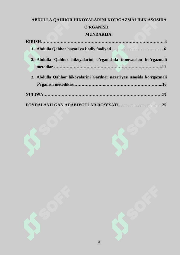 ABDULLA QAHHOR HIKOYALARINI KO'RGAZMALILIK ASOSIDA O'RGANISH KURS ISHI 3