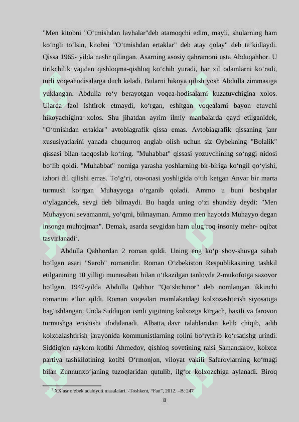 ABDULLA QAHHOR HIKOYALARINI KO'RGAZMALILIK ASOSIDA O'RGANISH KURS ISHI 8