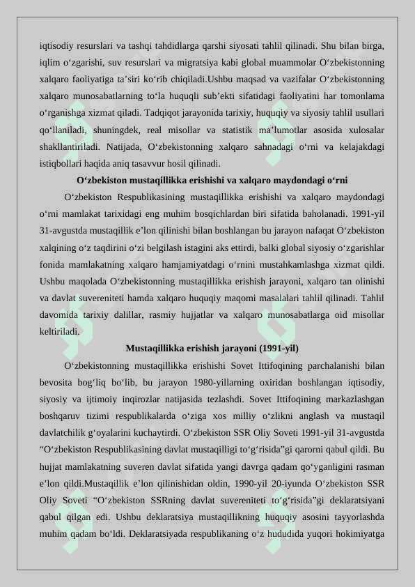 O‘zbekiston xalqaro munosabatlarning to‘la huquqli sub’ekti. 5