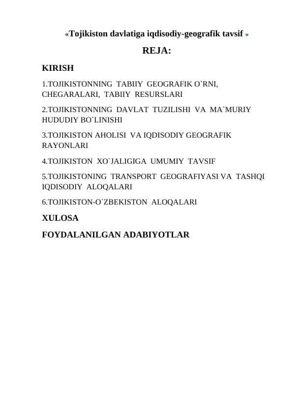 «Tojikiston davlatiga iqdisodiy-geografik tavsif »
