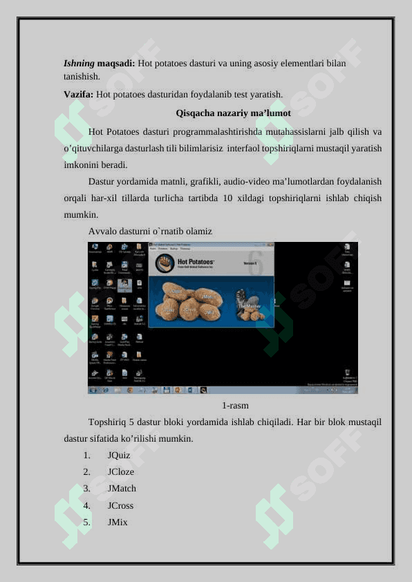 Hot potatoes dasturida test yaratish va undan foydalanishni o’rganish. 2