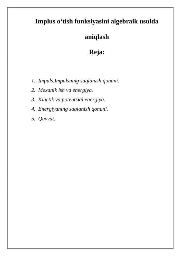 Implus o‘tish funksiyasini algebraik usulda aniqlash 1