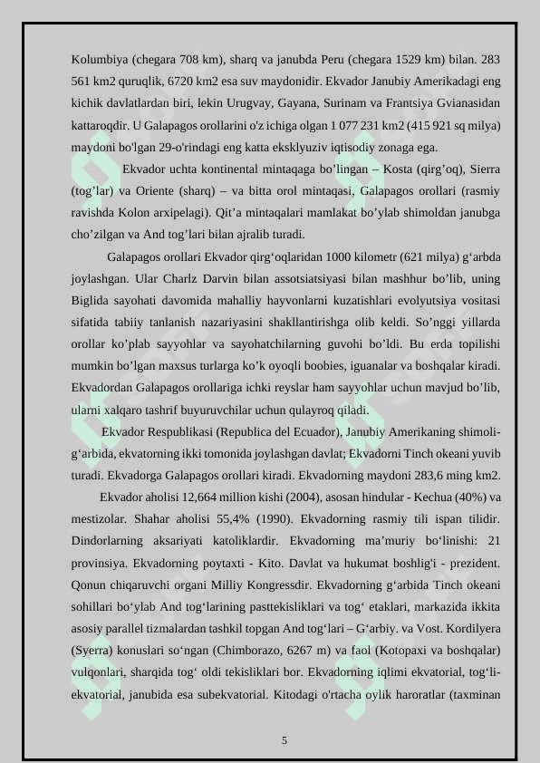 “EKVADOR DAVLATINING IQTISODIY GEOGRAFIK TAVSIFI” 5