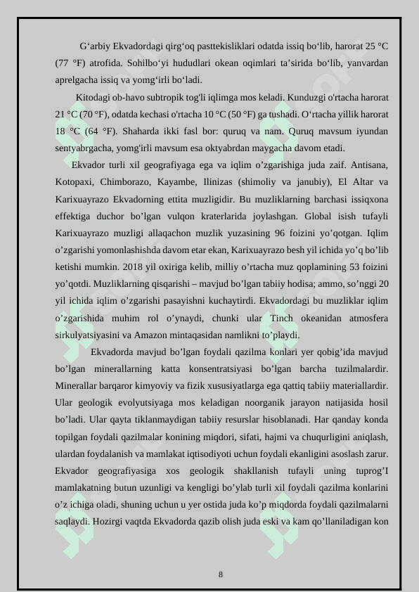 “EKVADOR DAVLATINING IQTISODIY GEOGRAFIK TAVSIFI” 8