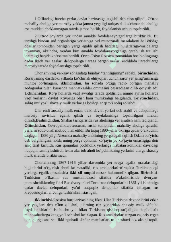 O‘rta Osiyoning Rossiya tomonidan zabt etilishi va yer-suv munosabatlarining mustamlakachilikka moslashtirilishi 2