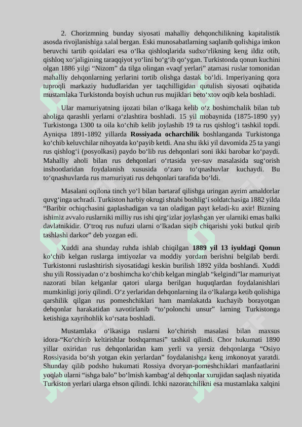 O‘rta Osiyoning Rossiya tomonidan zabt etilishi va yer-suv munosabatlarining mustamlakachilikka moslashtirilishi 4