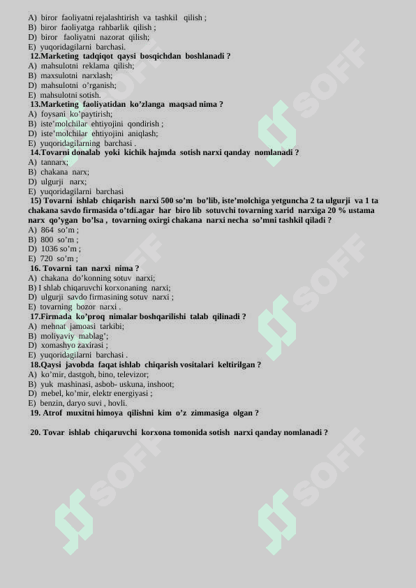9-sinf Iqtisodiy bilim asoslari fanidan I-yarim yillik uchun test savollari 2