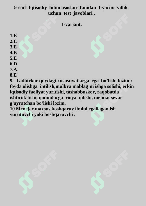 9-sinf Iqtisodiy bilim asoslari fanidan I-yarim yillik uchun test savollari 3