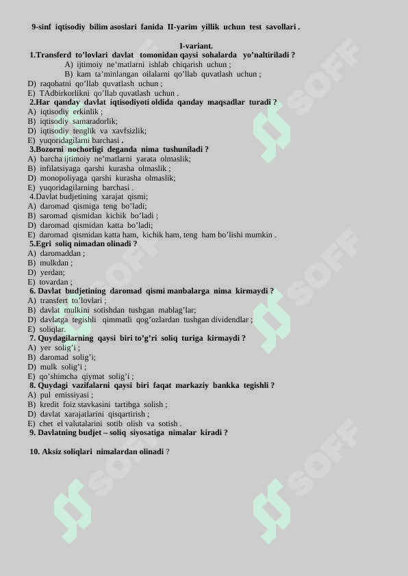 9-sinf Iqtisodiy bilim asoslari fanidan I-yarim yillik uchun test savollari 5
